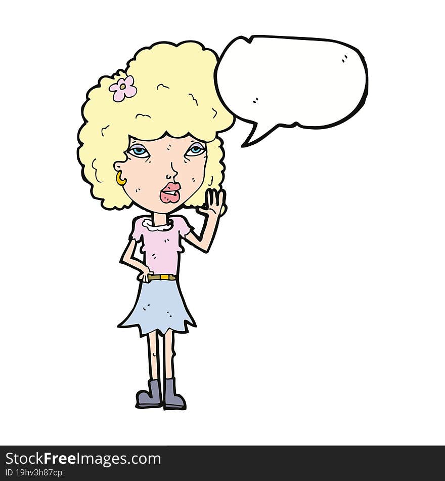 cartoon woman waving with speech bubble