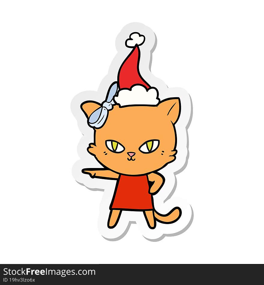 cute hand drawn sticker cartoon of a cat wearing dress wearing santa hat. cute hand drawn sticker cartoon of a cat wearing dress wearing santa hat