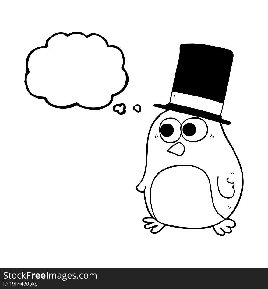 freehand drawn thought bubble cartoon bird wearing top hat