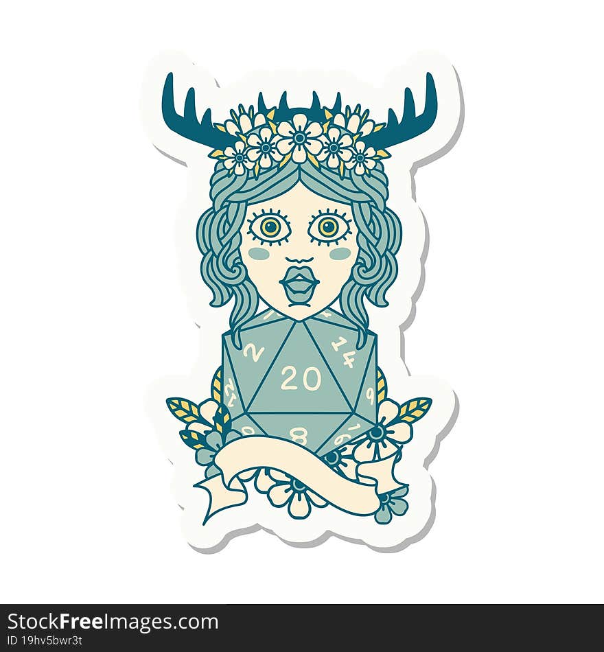 sticker of a human druid with natural twenty dice roll. sticker of a human druid with natural twenty dice roll