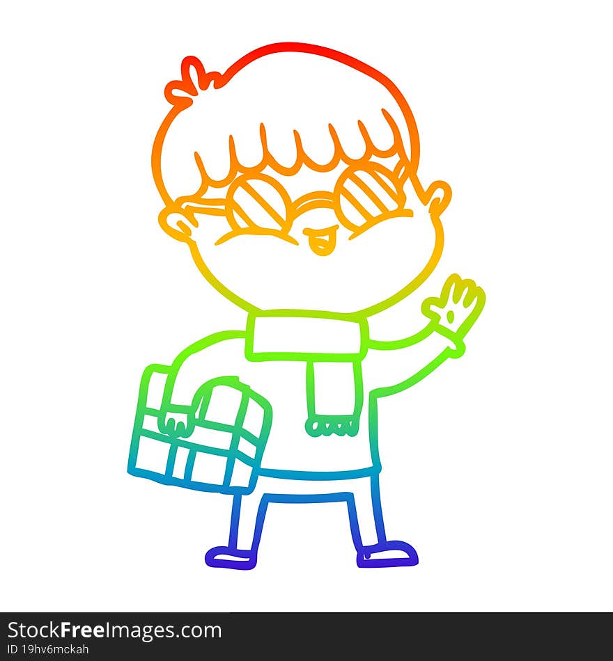 rainbow gradient line drawing cartoon boy wearing spectacles carrying gift