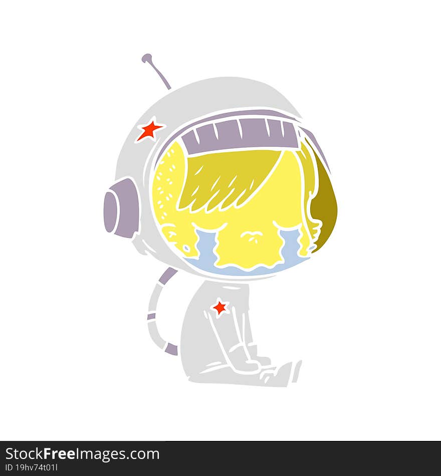 Flat Color Style Cartoon Crying Astronaut Girl Sitting