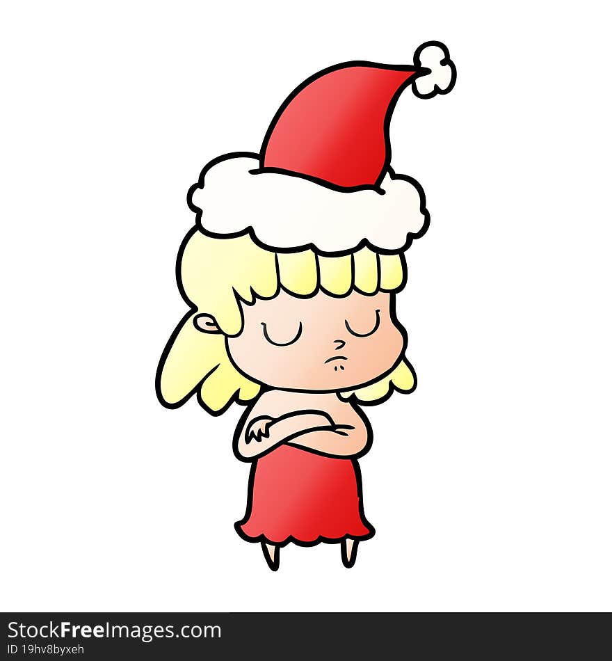 gradient cartoon of a indifferent woman wearing santa hat