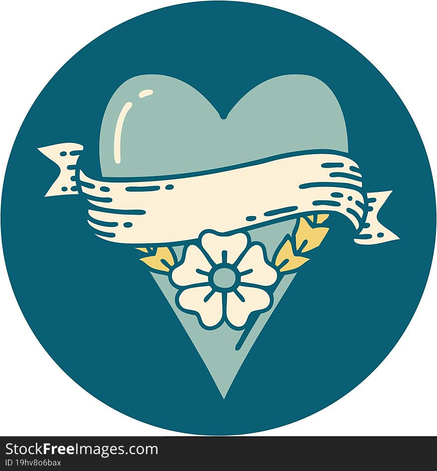 tattoo style icon of a heart flower and banner