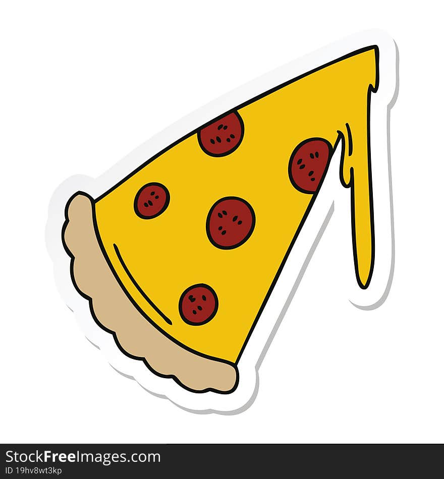 Sticker Of A Quirky Hand Drawn Cartoon Slice Of Pizza