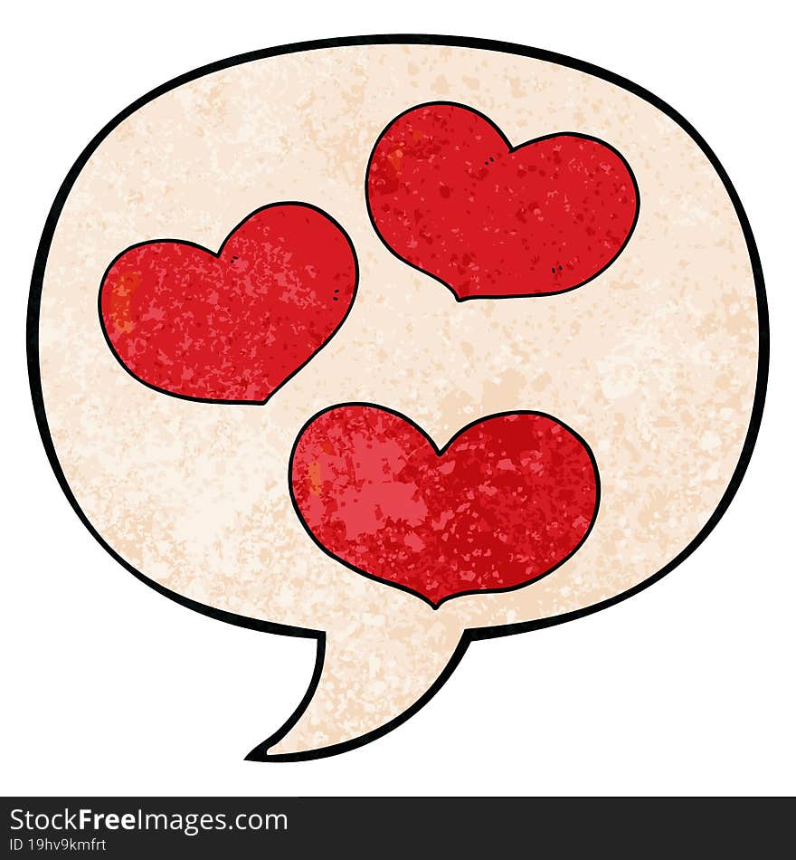 cartoon love hearts and speech bubble in retro texture style