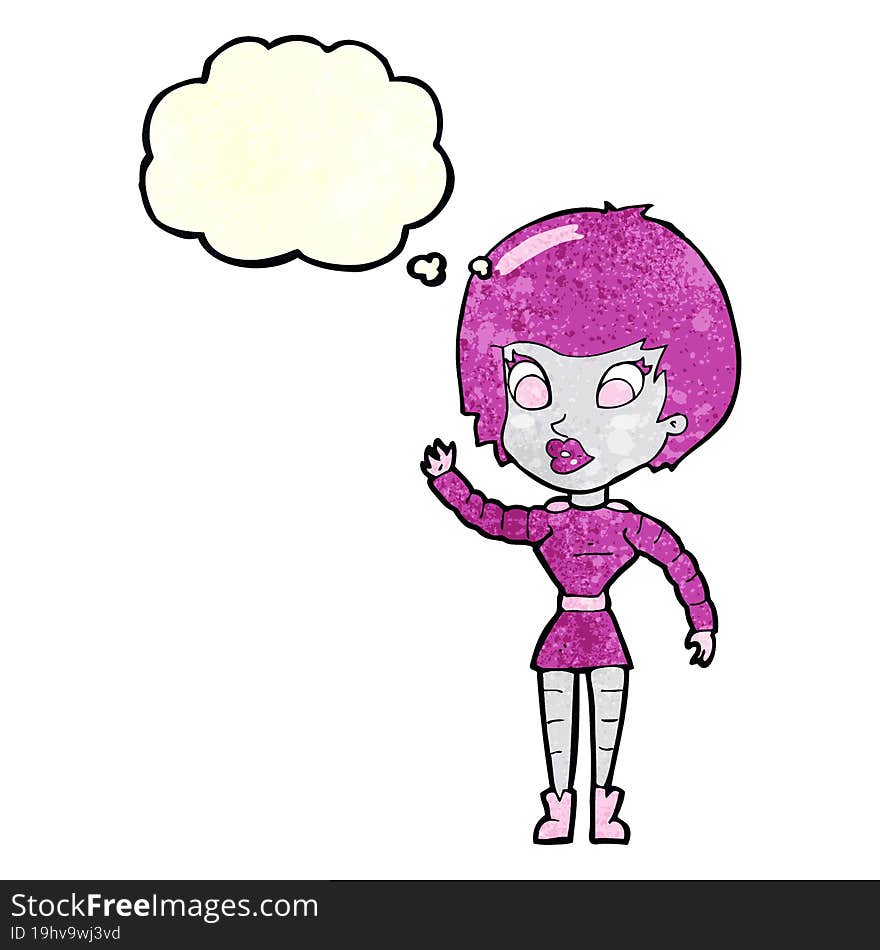 cartoon robot woman waving with thought bubble