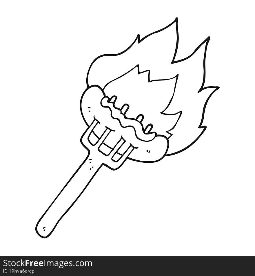 Black And White Cartoon Sausage On Fork