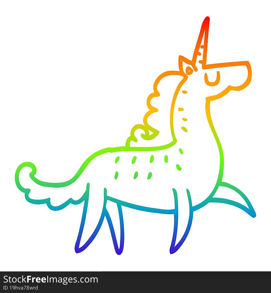 rainbow gradient line drawing of a cartoon unicorn