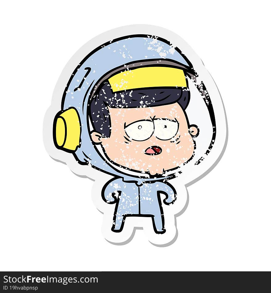 distressed sticker of a cartoon tired astronaut