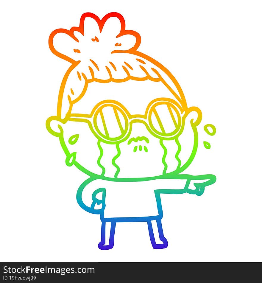 rainbow gradient line drawing cartoon crying woman wearing spectacles