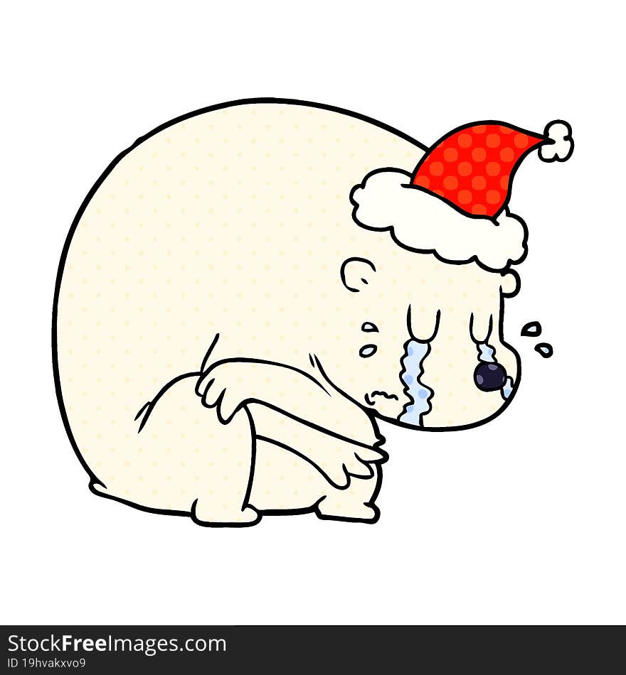 crying comic book style illustration of a polar bear wearing santa hat