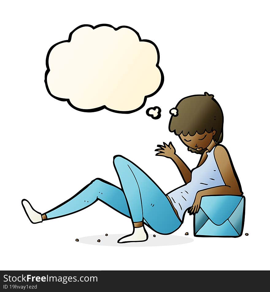 cartoon woman leaning on package box with thought bubble