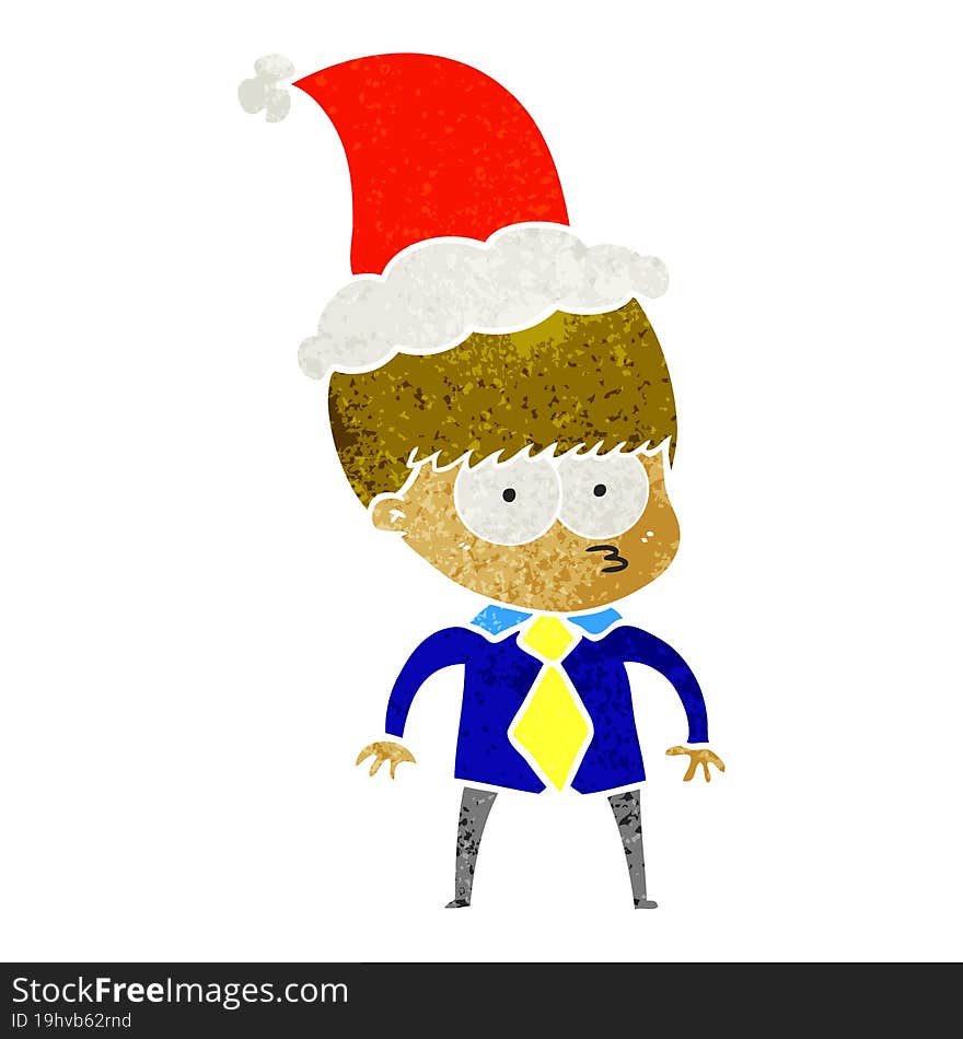 nervous retro cartoon of a boy wearing shirt and tie wearing santa hat