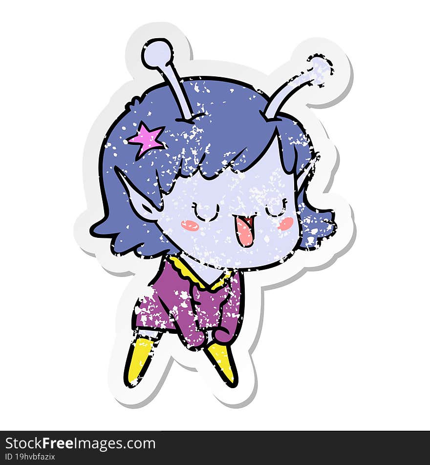 distressed sticker of a happy alien girl cartoon