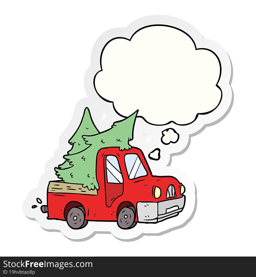 cartoon pickup truck carrying trees with thought bubble as a printed sticker