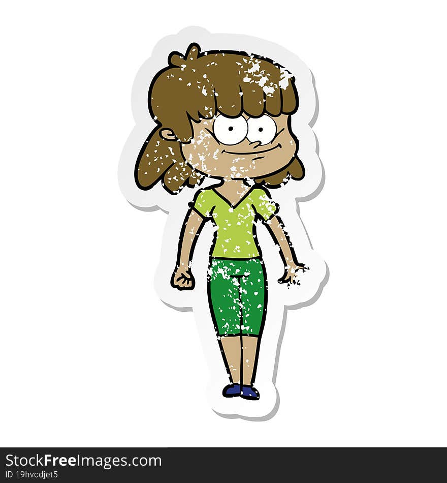 distressed sticker of a cartoon smiling woman