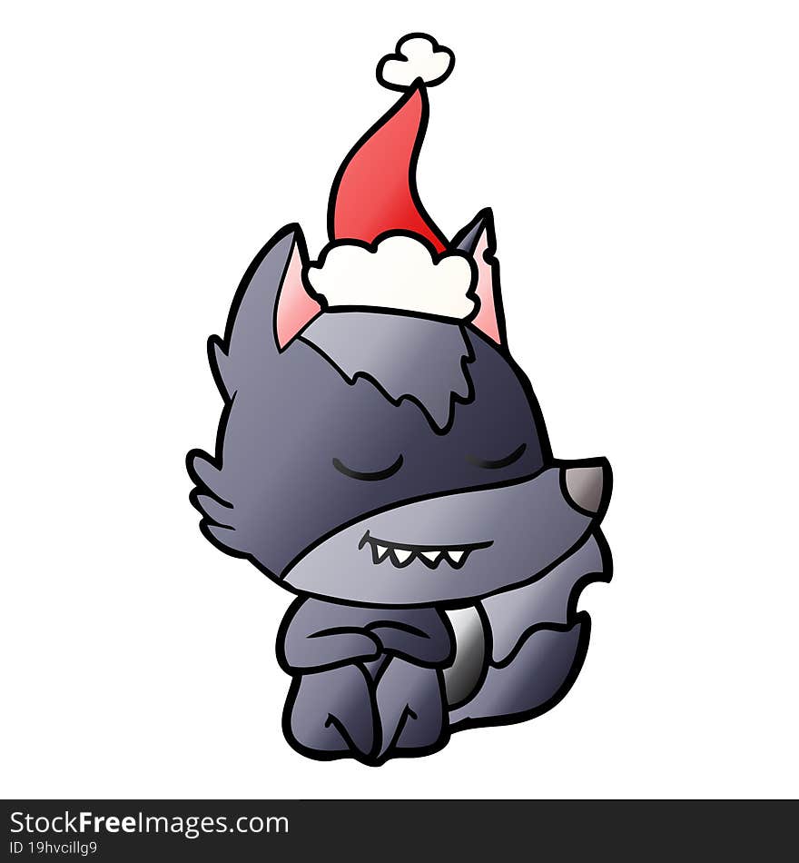 friendly gradient cartoon of a wolf sitting wearing santa hat