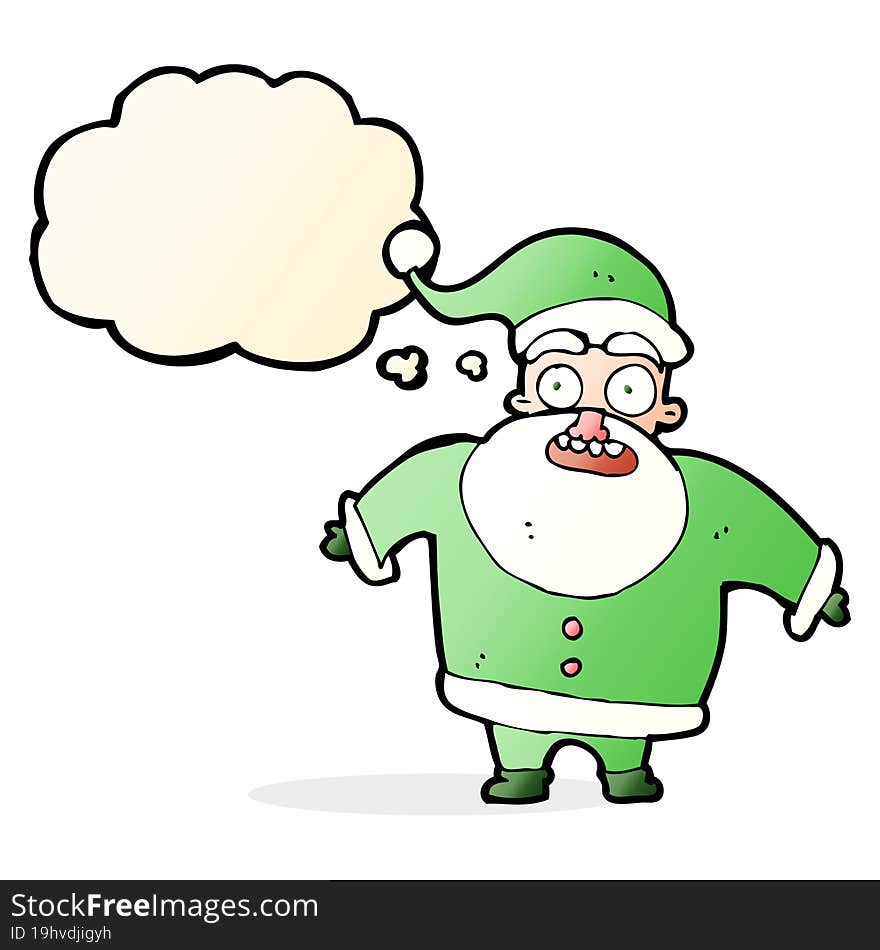 cartoon shocked santa claus with thought bubble