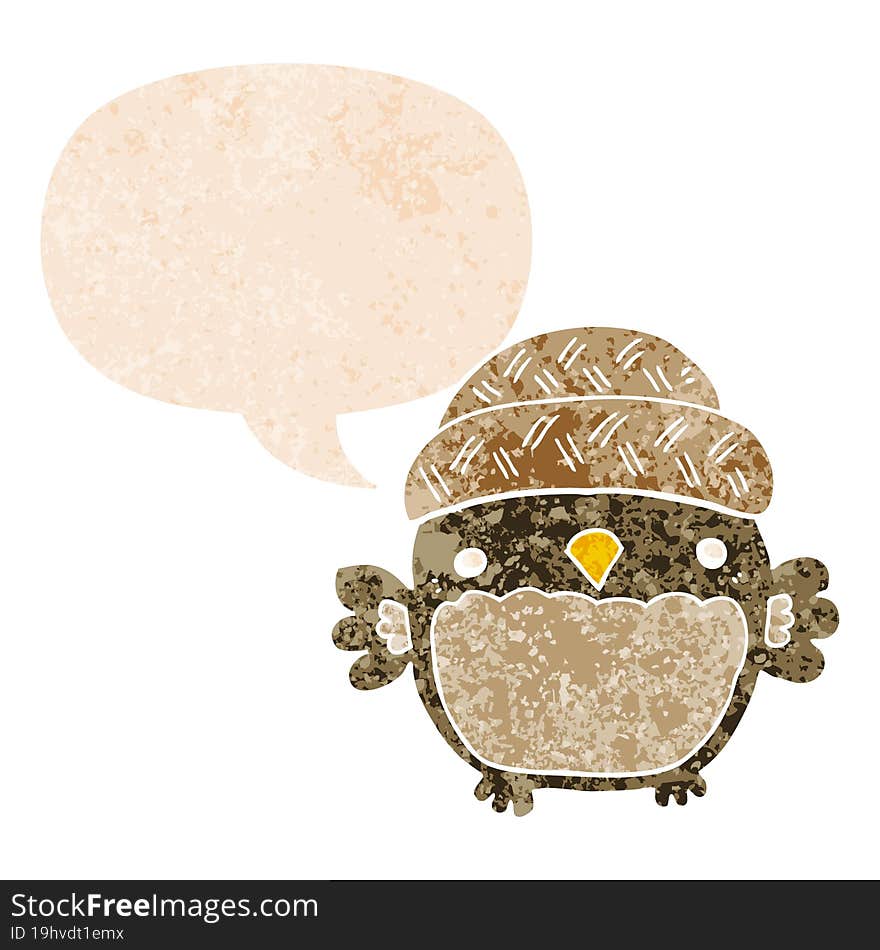 cute cartoon owl in hat and speech bubble in retro textured style