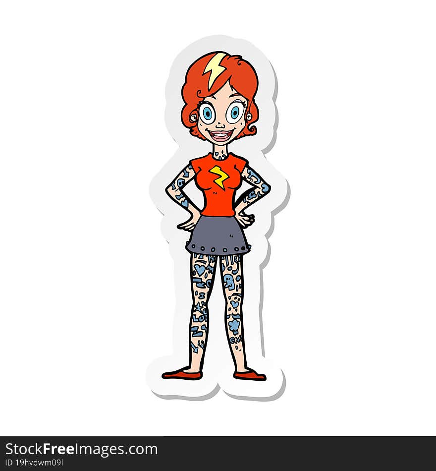 sticker of a cartoon woman with heavy tattoos