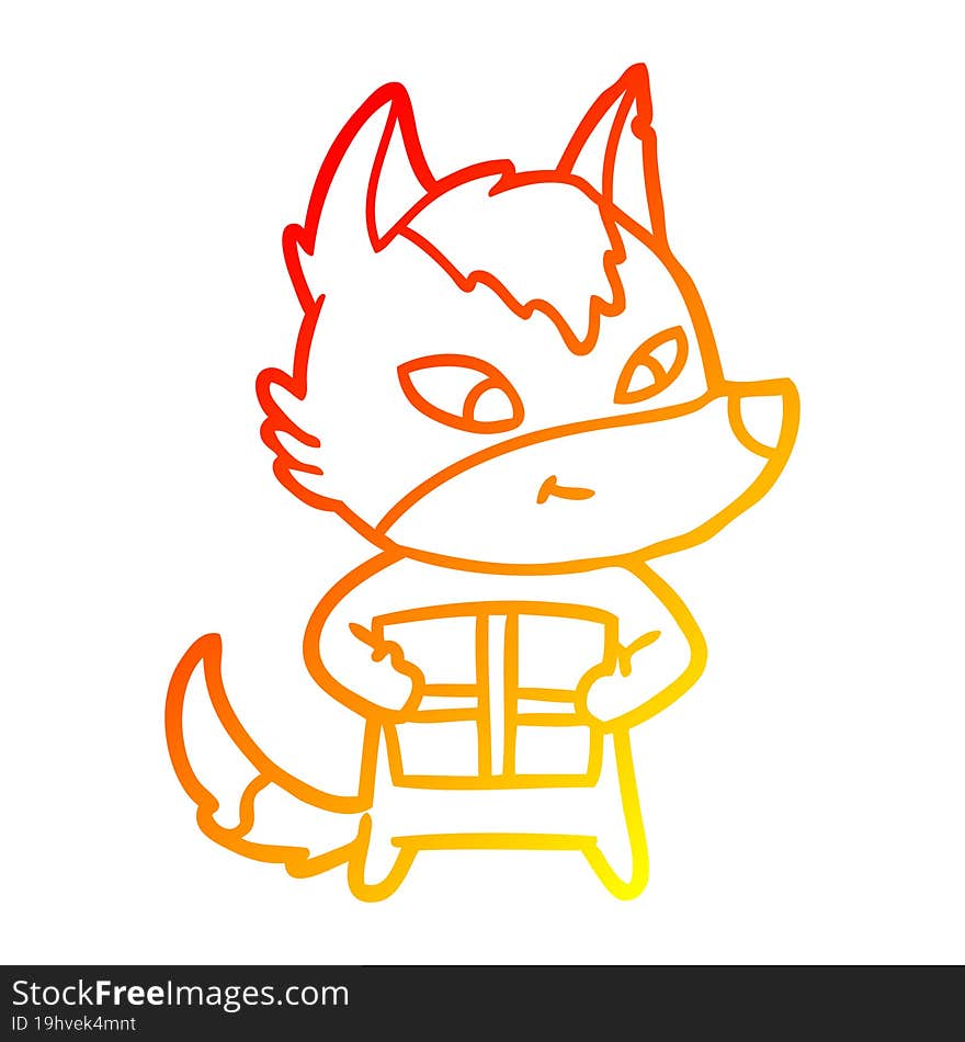 warm gradient line drawing friendly cartoon wolf with gift