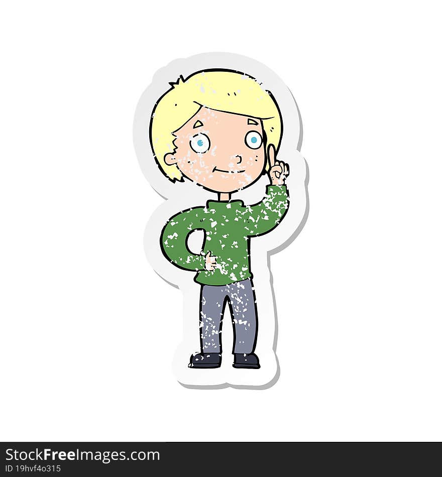 retro distressed sticker of a cartoon boy with idea