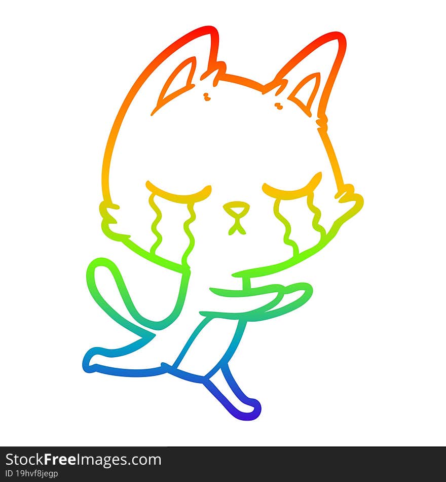 Rainbow Gradient Line Drawing Crying Cartoon Cat Running