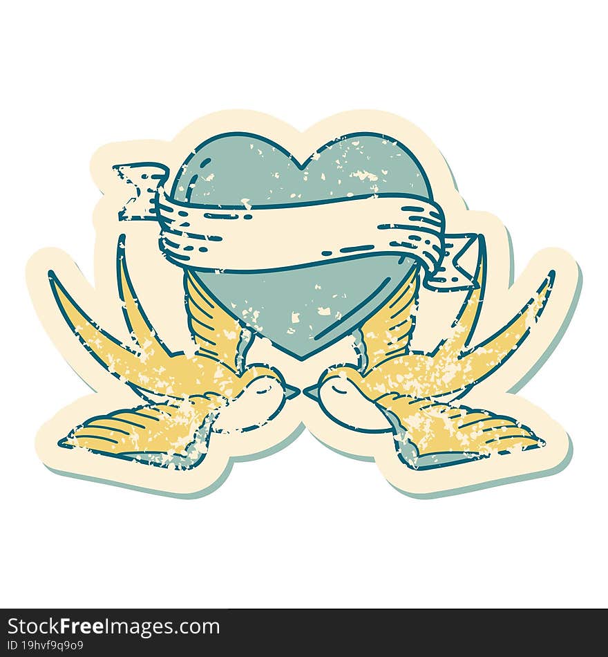 iconic distressed sticker tattoo style image of swallows and a heart with banner. iconic distressed sticker tattoo style image of swallows and a heart with banner