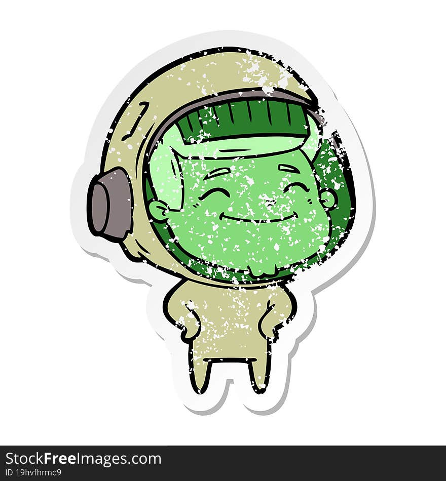 distressed sticker of a happy cartoon astronaut