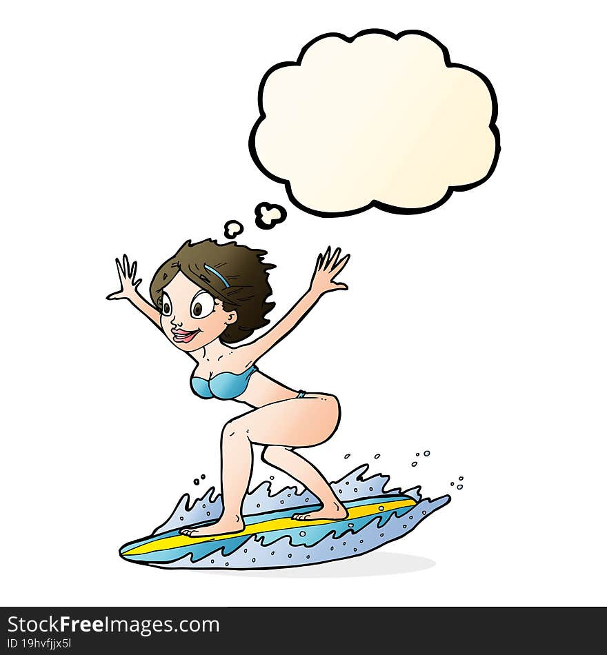 cartoon surfer girl with thought bubble