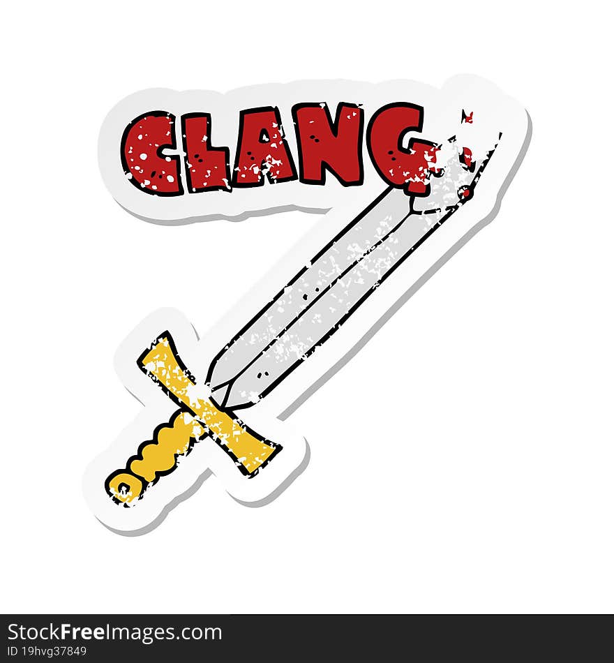 distressed sticker of a cartoon clanging sword