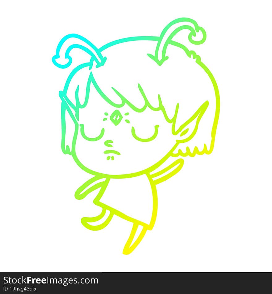 cold gradient line drawing of a cartoon alien girl