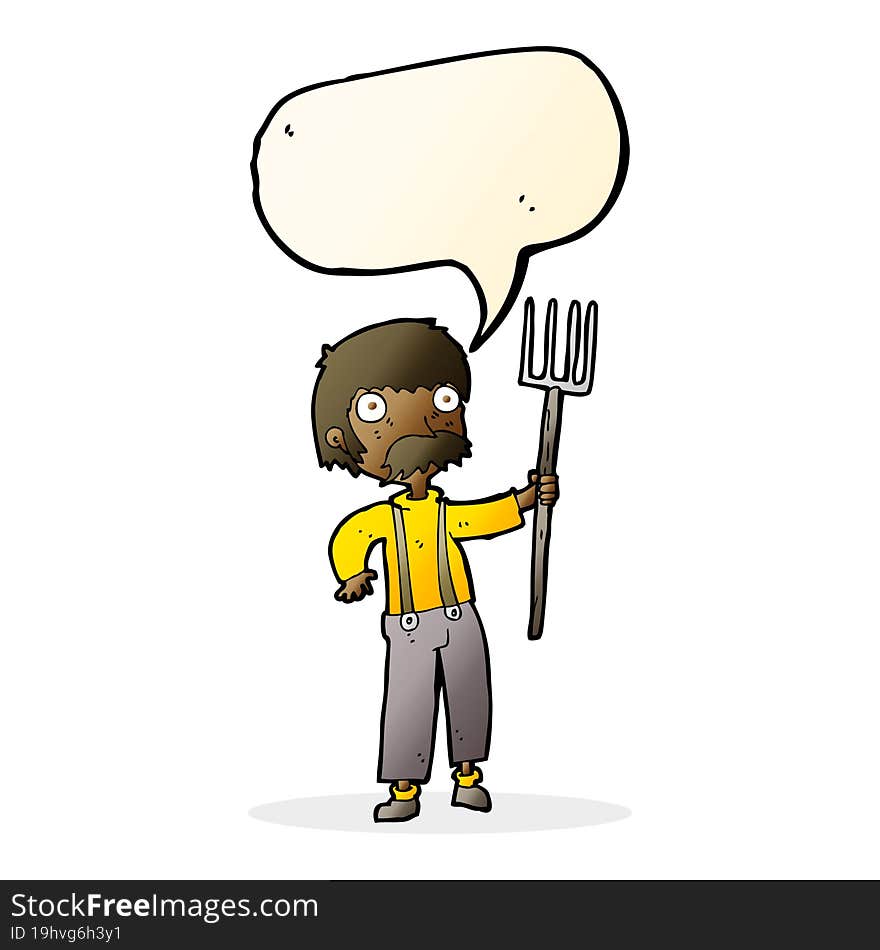 cartoon farmer with pitchfork with speech bubble