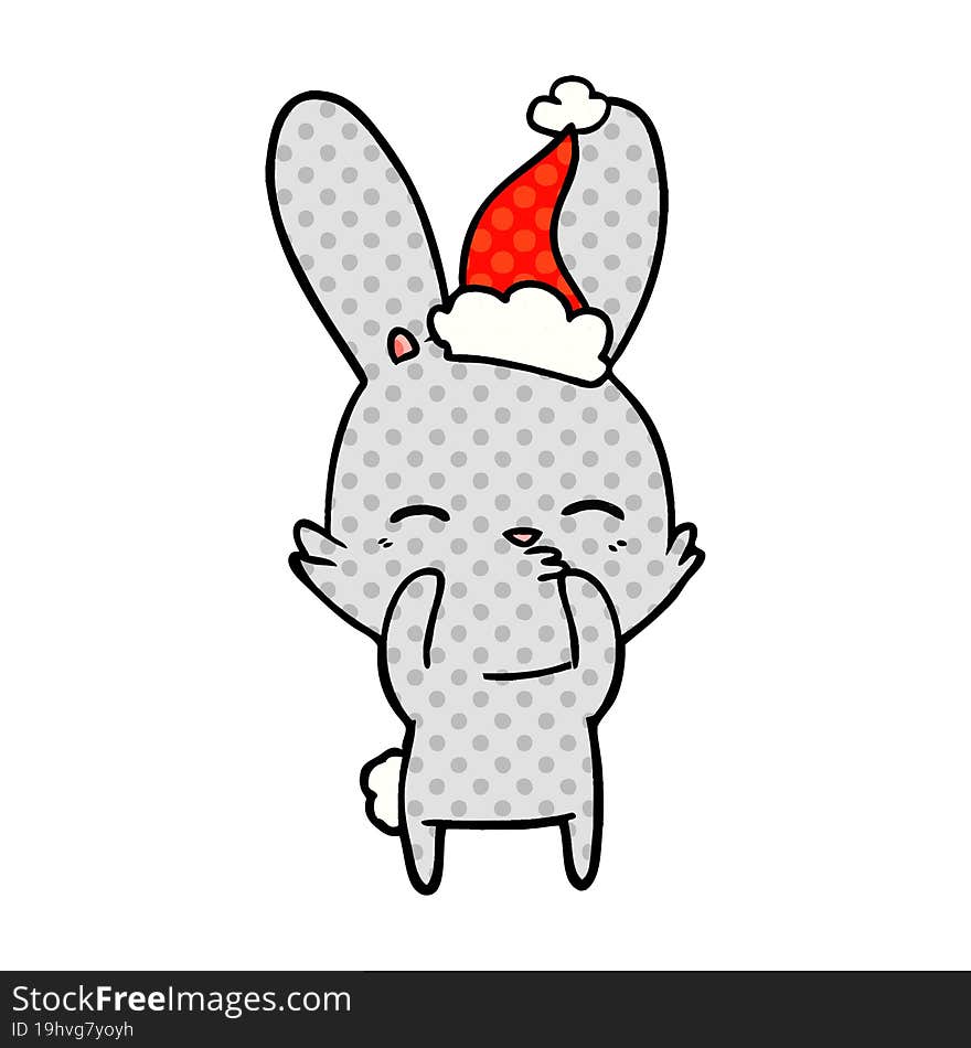 curious bunny comic book style illustration of a wearing santa hat