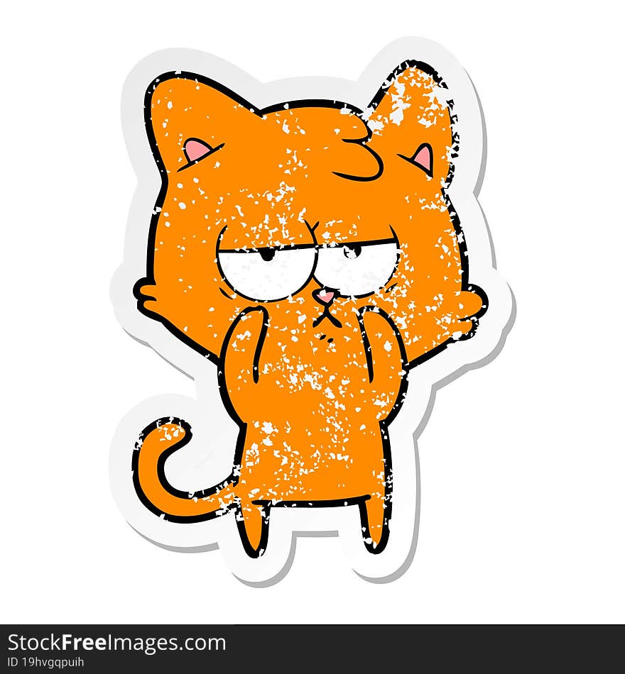 distressed sticker of a bored cartoon cat