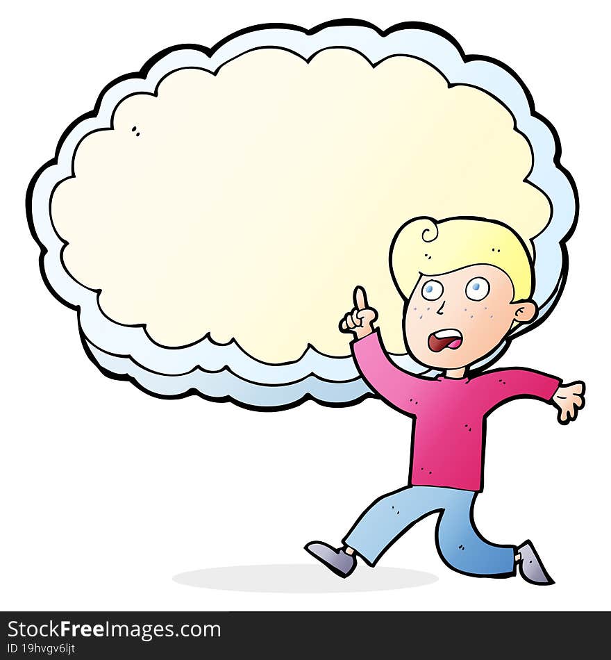 cartoon running boy in front of idea cloud with space for text. cartoon running boy in front of idea cloud with space for text