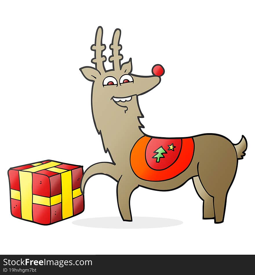 freehand drawn cartoon christmas reindeer with present