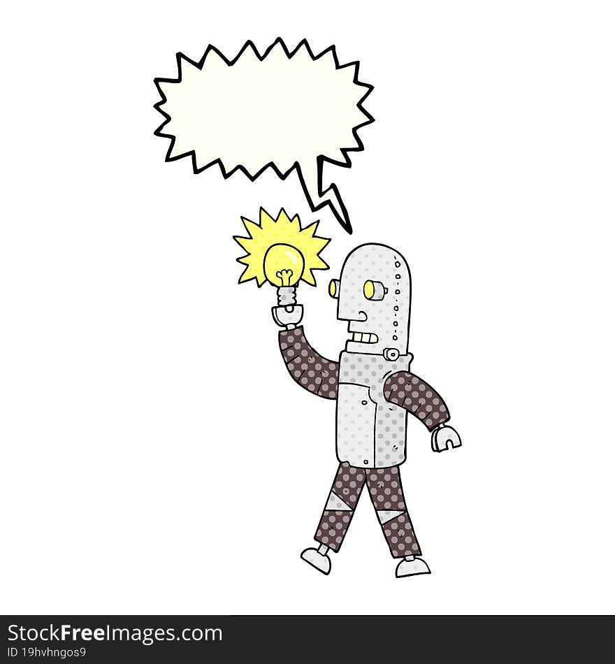 comic book speech bubble cartoon robot with light bulb