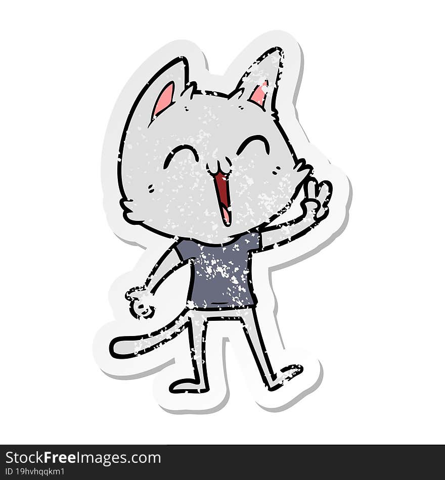 distressed sticker of a happy cartoon cat meowing