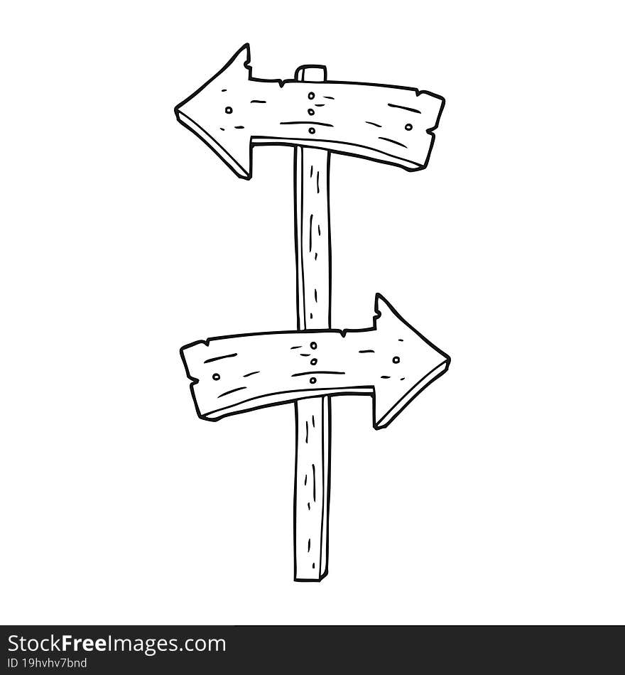 black and white cartoon wooden direction sign