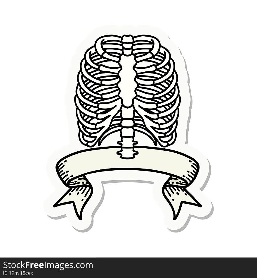 tattoo style sticker with banner of a rib cage