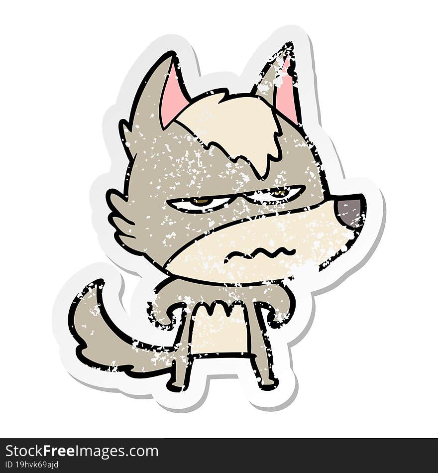 distressed sticker of a cartoon annoyed wolf