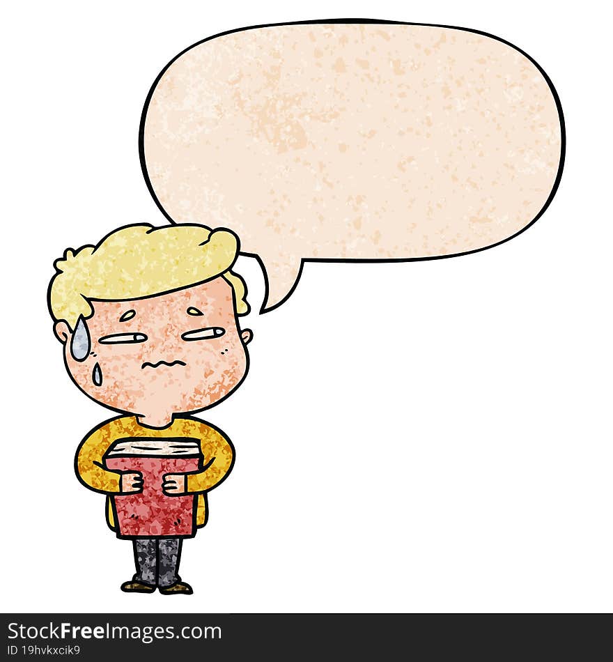 cartoon anxious boy carrying book with speech bubble in retro texture style