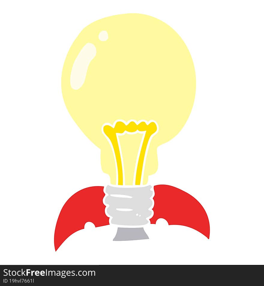 flat color illustration of a cartoon lightbulb rocket ship