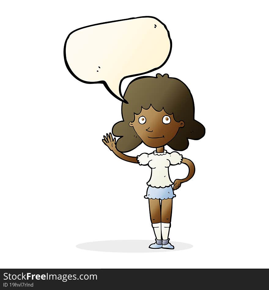 cartoon woman waving with speech bubble