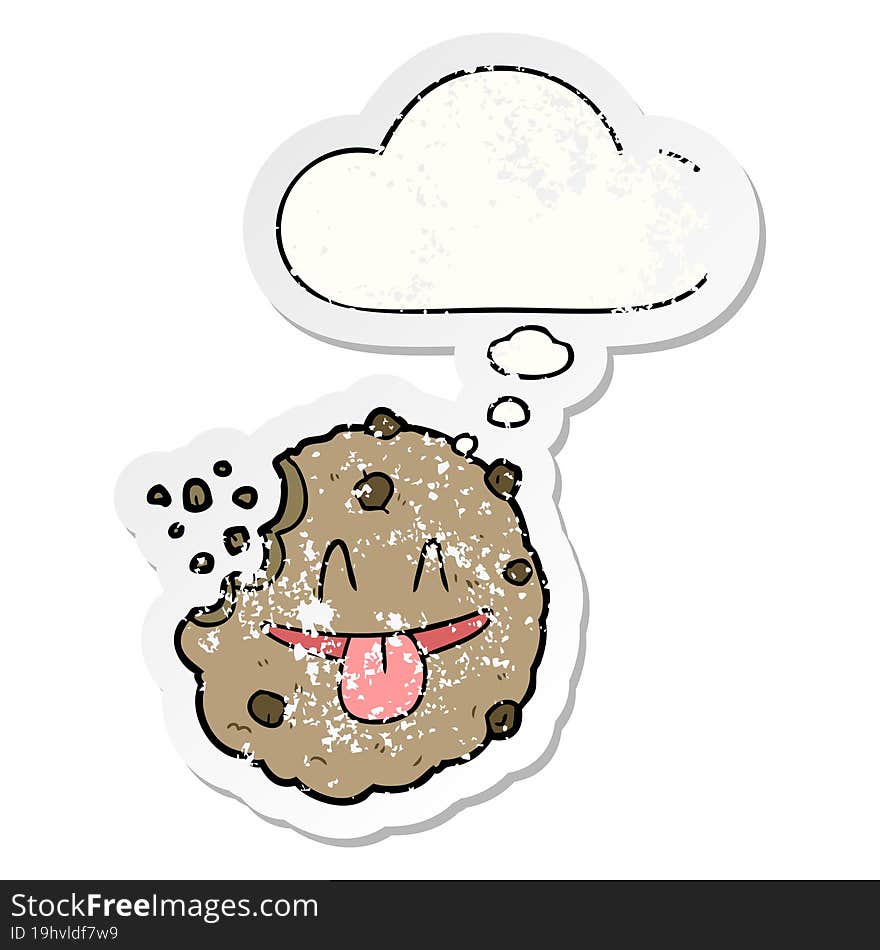 cartoon cookie and thought bubble as a distressed worn sticker