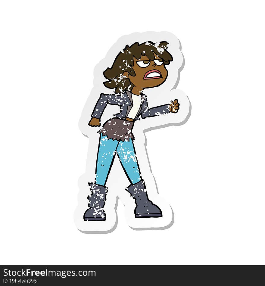 retro distressed sticker of a cartoon angry biker girl