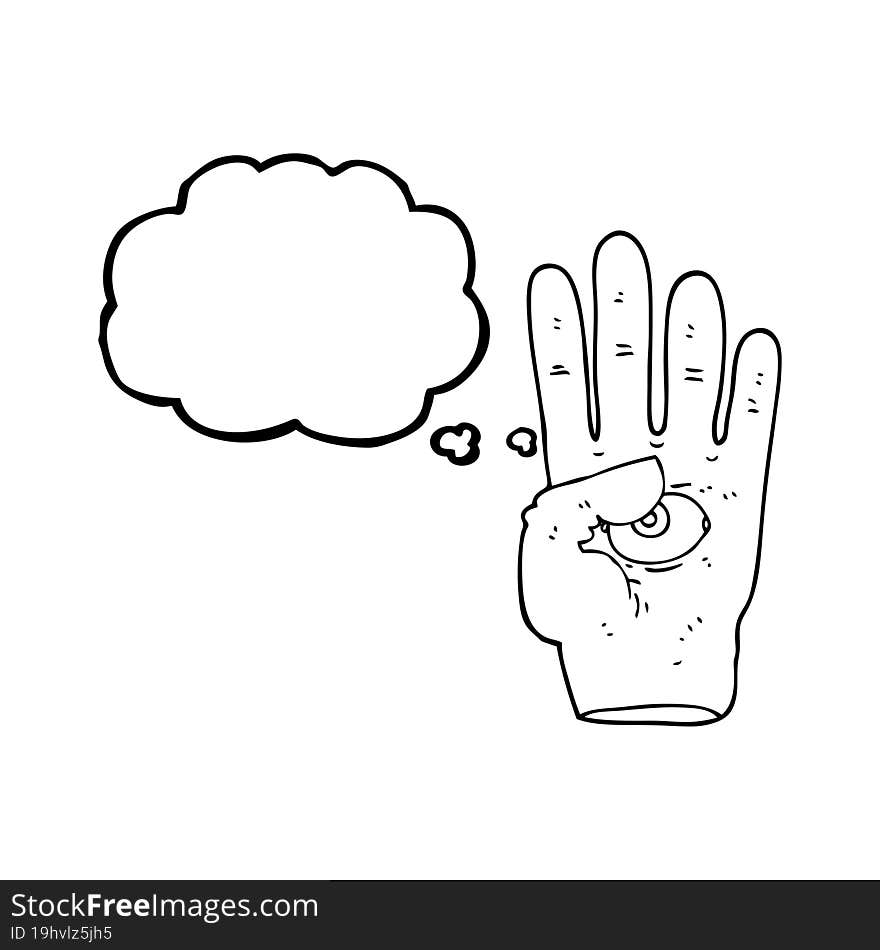 freehand drawn thought bubble cartoon spooky hand with eyeball