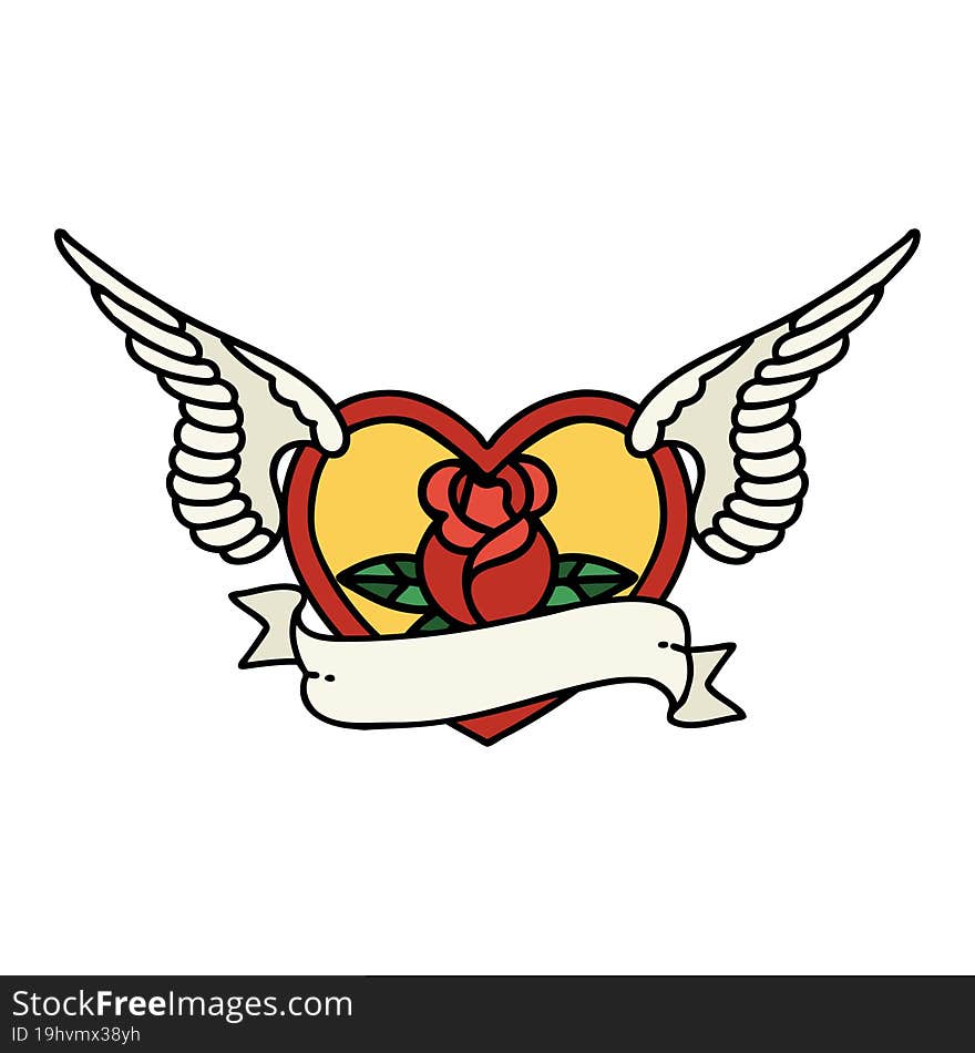 tattoo in traditional style of a flying heart with flowers and banner. tattoo in traditional style of a flying heart with flowers and banner